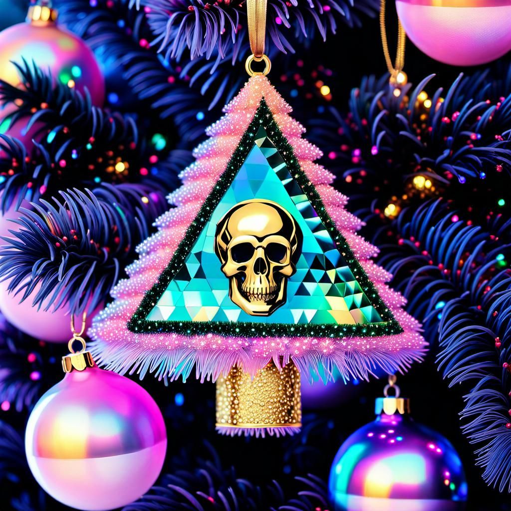 Holographic Vaporwave Christmas Tree with Skull Baubles