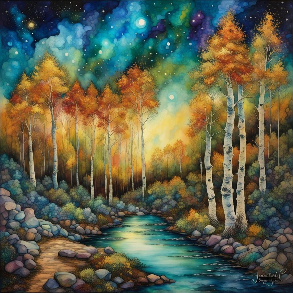 Aspen Forest with Starry Sky, in Alcohol Ink Art