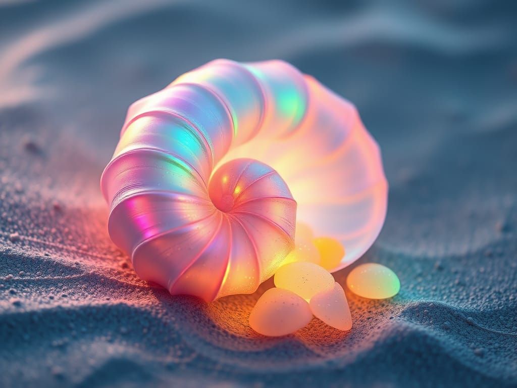 Glowing Sea Glass Nautilus Shell with Pastel Neon Rainbow Hu...