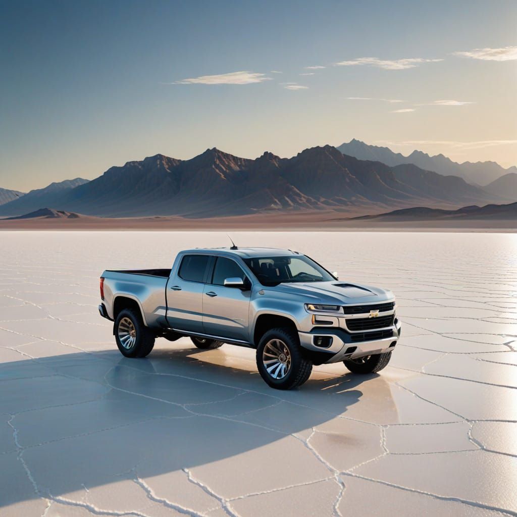 Electric Truck in Art Deco Style Speeds Across Mirrored Salt...