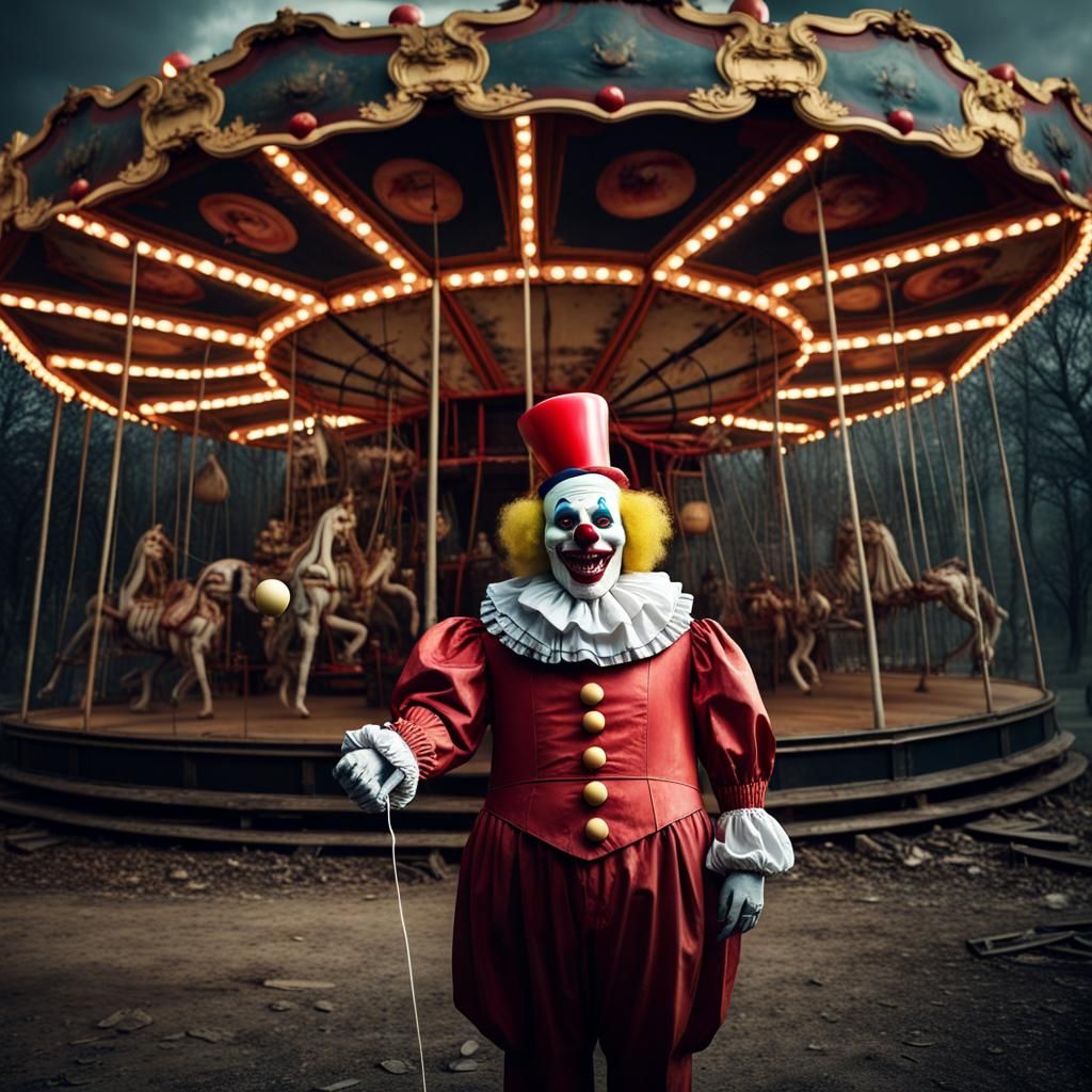 Eerie Red-Nosed Clown in Abandoned Amusement Park