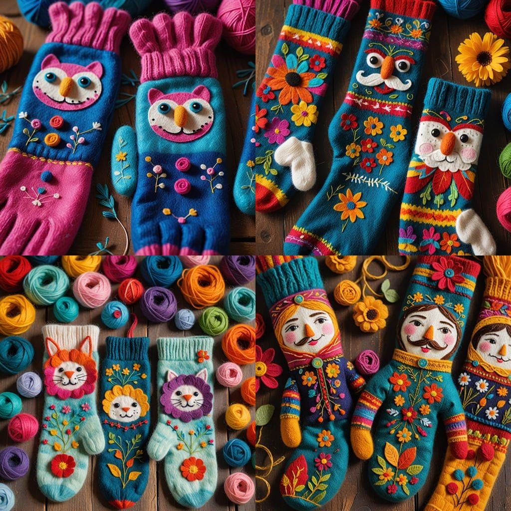 Handcrafted Felt Socks and Gloves with Realistic Faces