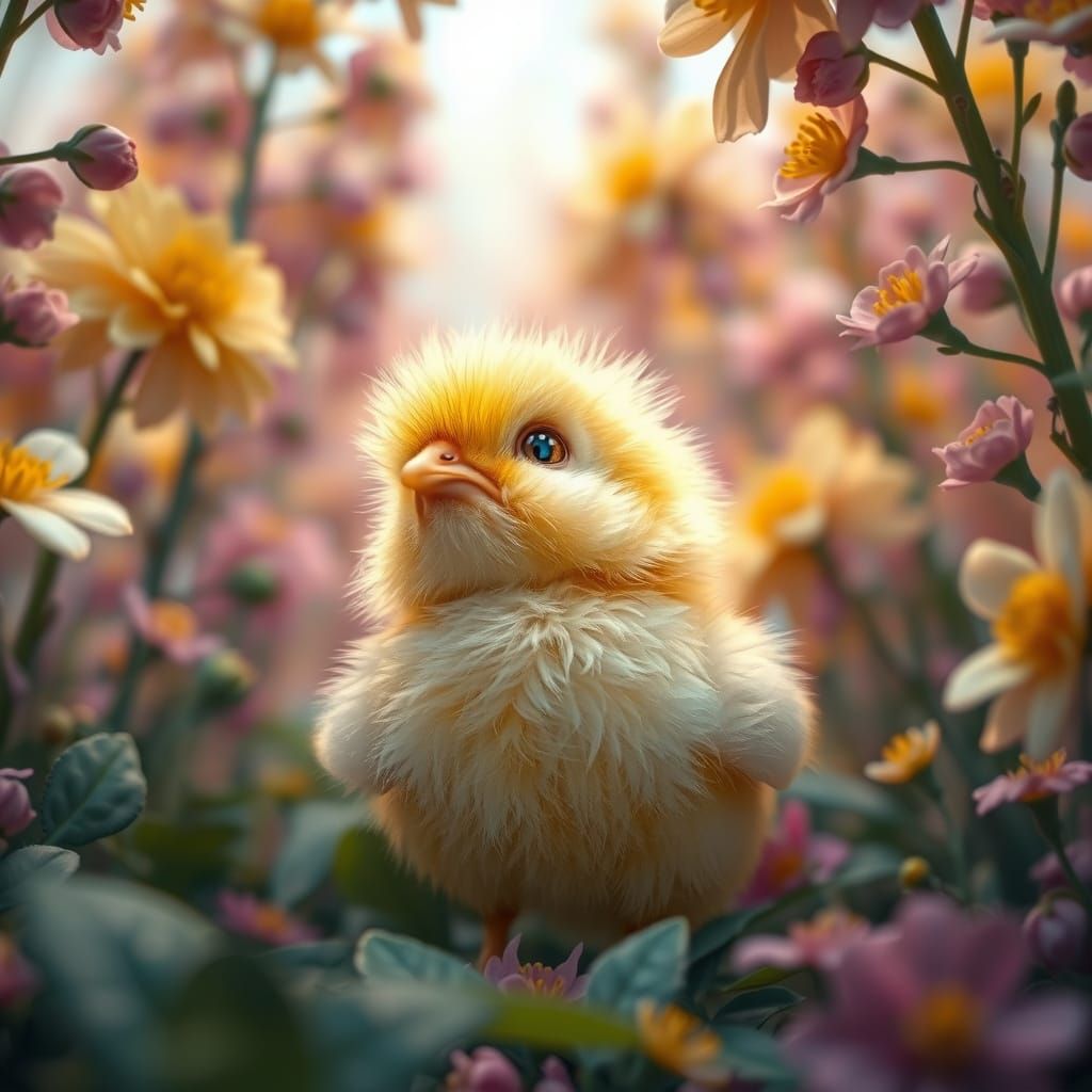 Fluffy Chick in Floral Forest, Hyperrealistic Illustration