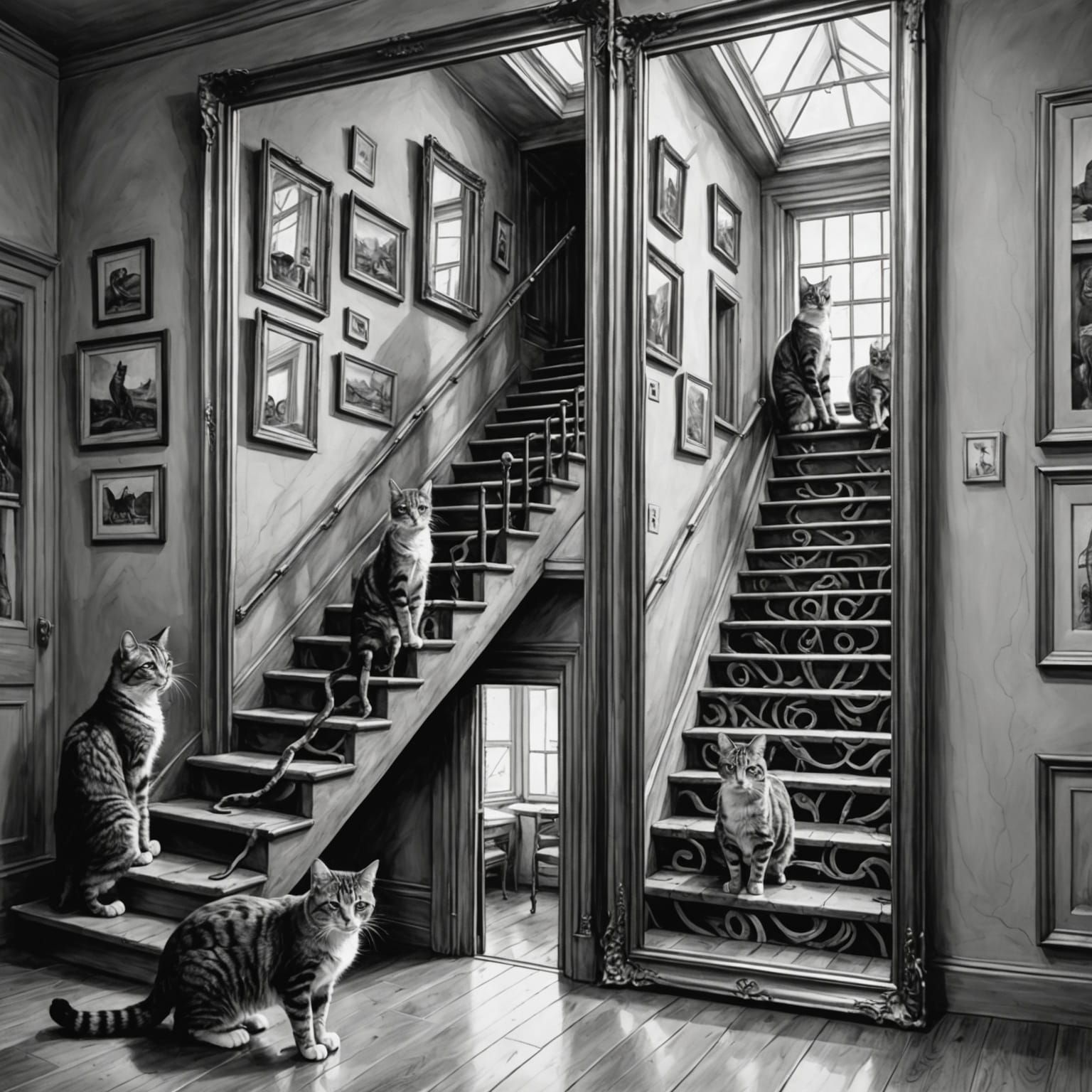 Cat Admires Its Own Reflection in a Whimsical Mirror Maze