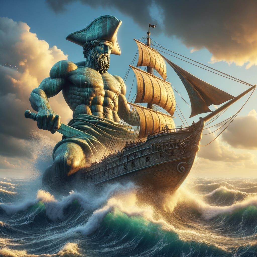 Colossus of Greek Myth Steers Ship in Storm