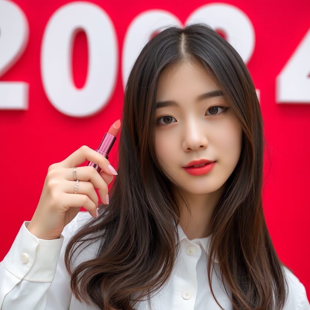 Young Asian Woman with Lipstick and Red Wall