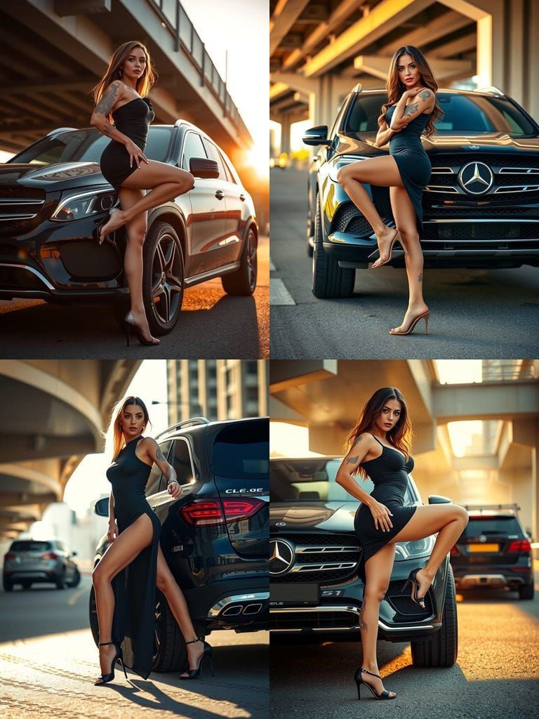 Confident Woman Poses with Mercedes GLE in Golden Light