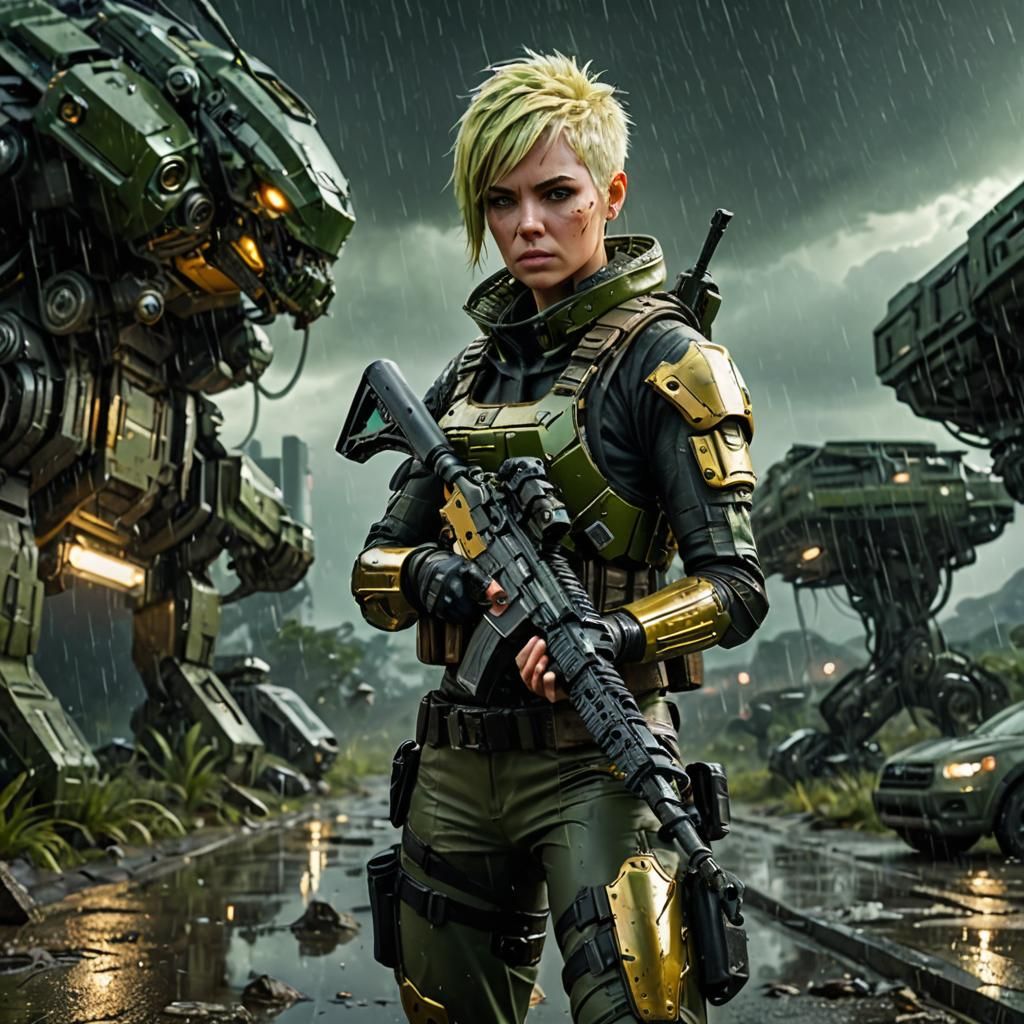 Tactical Girl Crouches with AR15 on Alien Planet