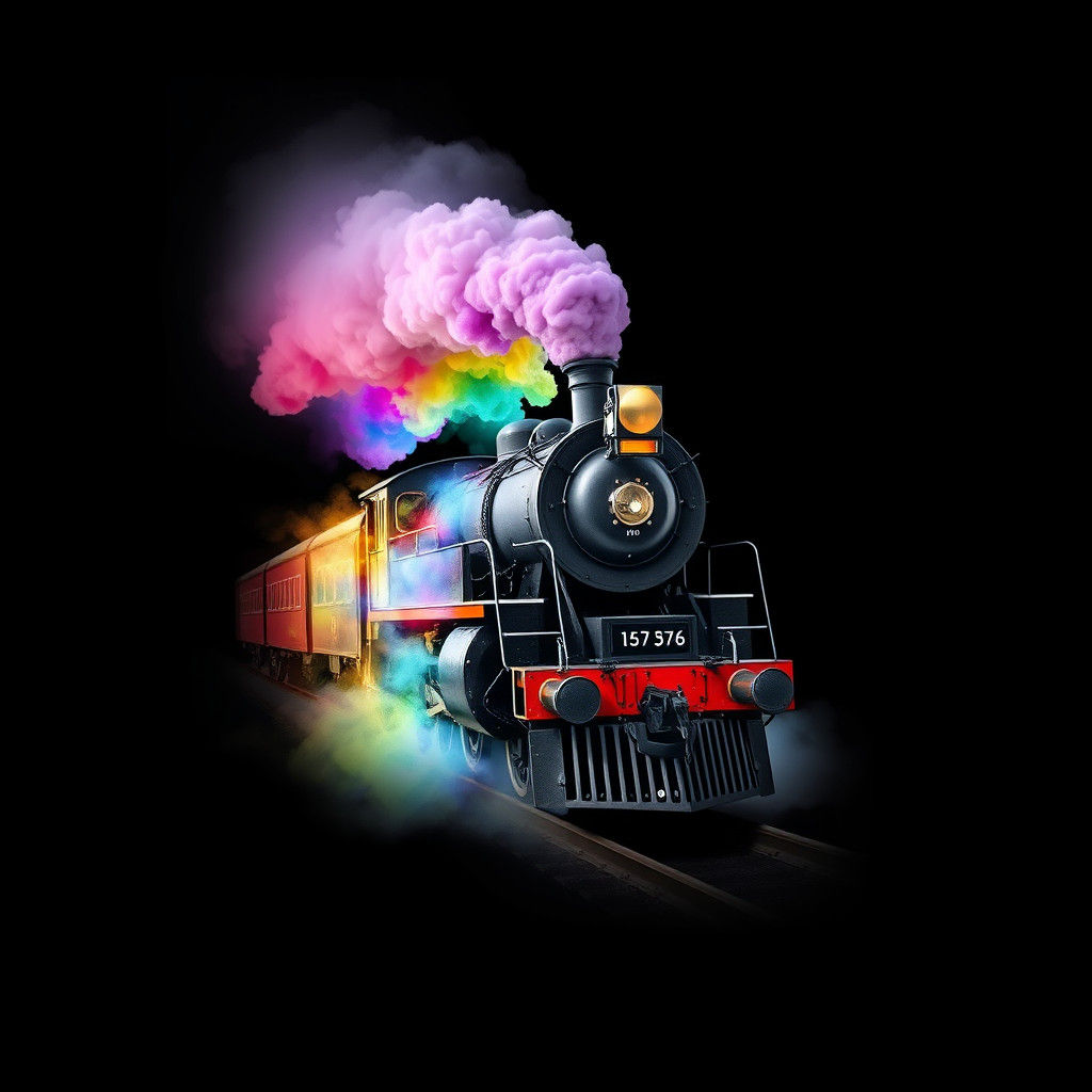 Vintage Train Bursts Through Canvas in Rainbow Smoke