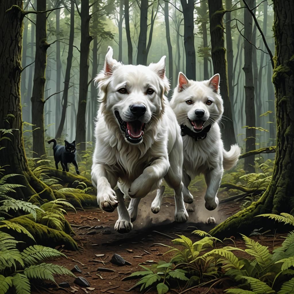Giant Black Cat Chasing White Dog in Forest
