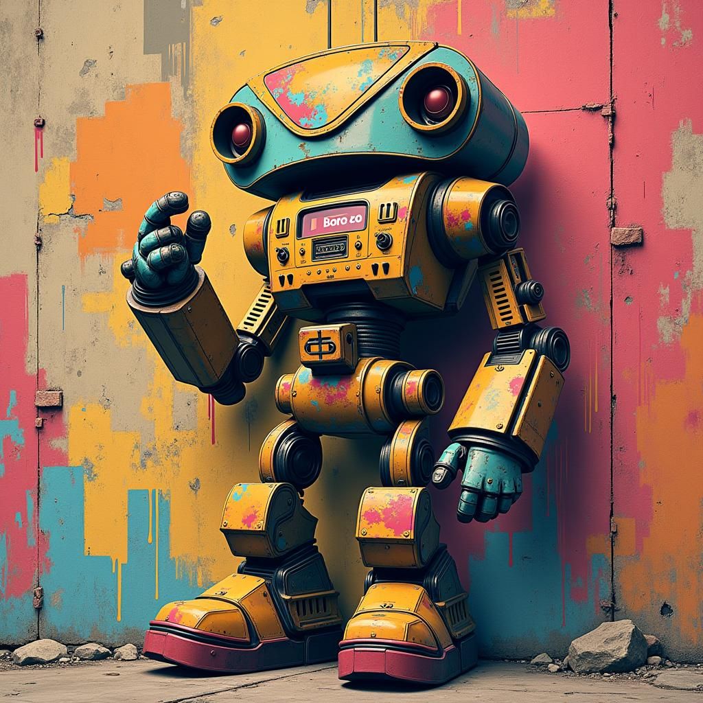 Retro Robot with Boombox: Vector Art Style