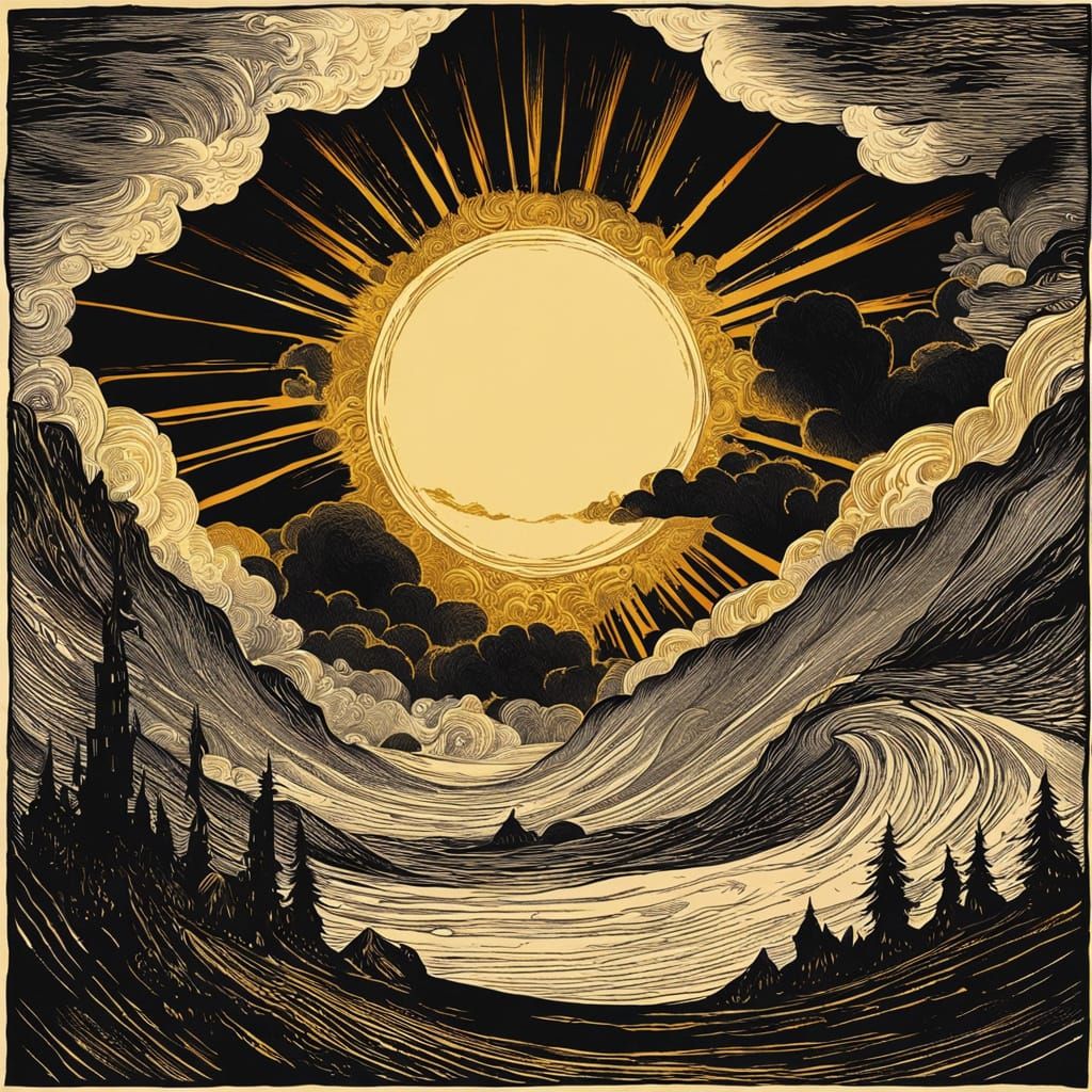 Doré-Inspired Woodcut: The Sun Shines in Golden Light