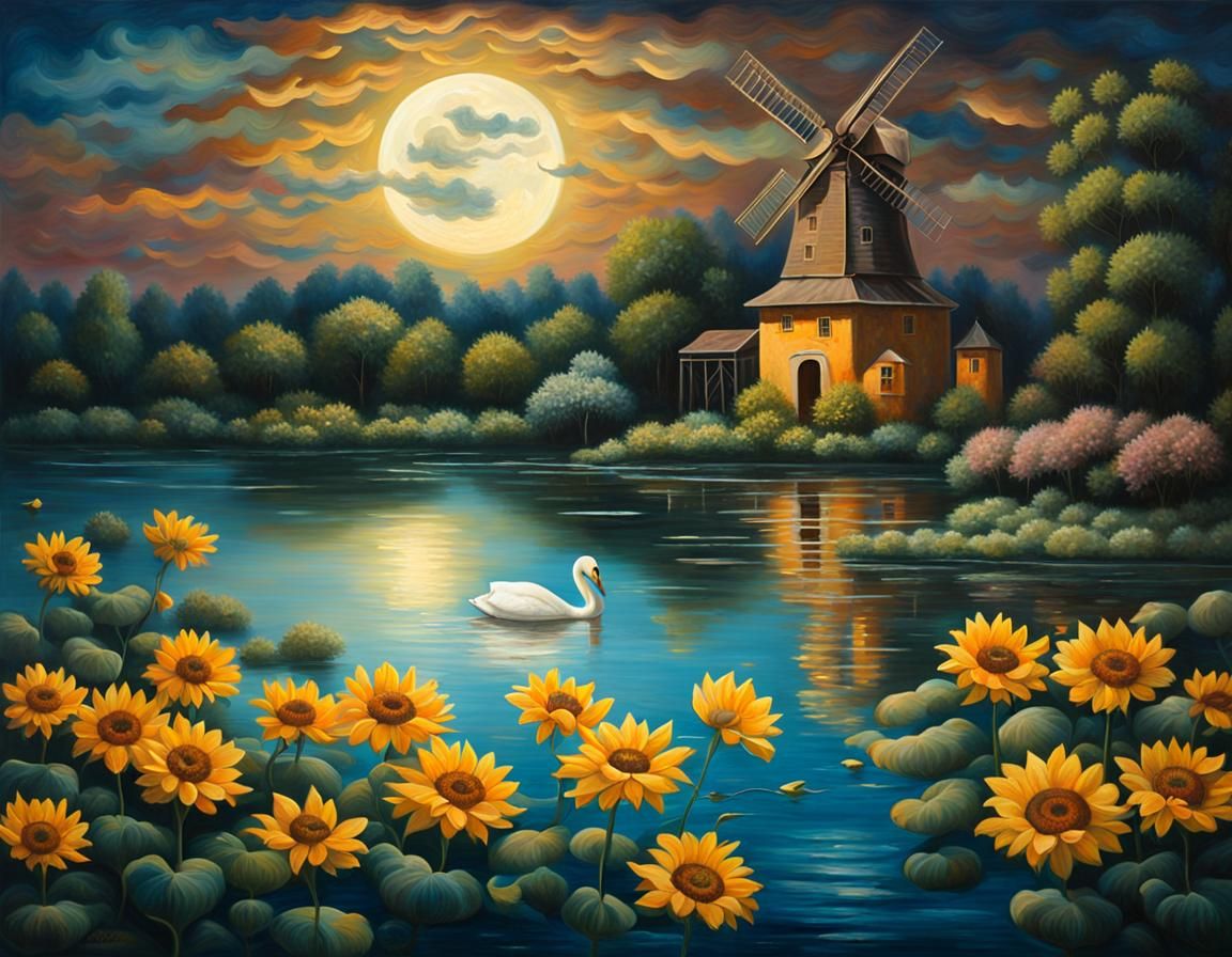 Enchanting Moonlit Lake in Baroque Oil Painting Style