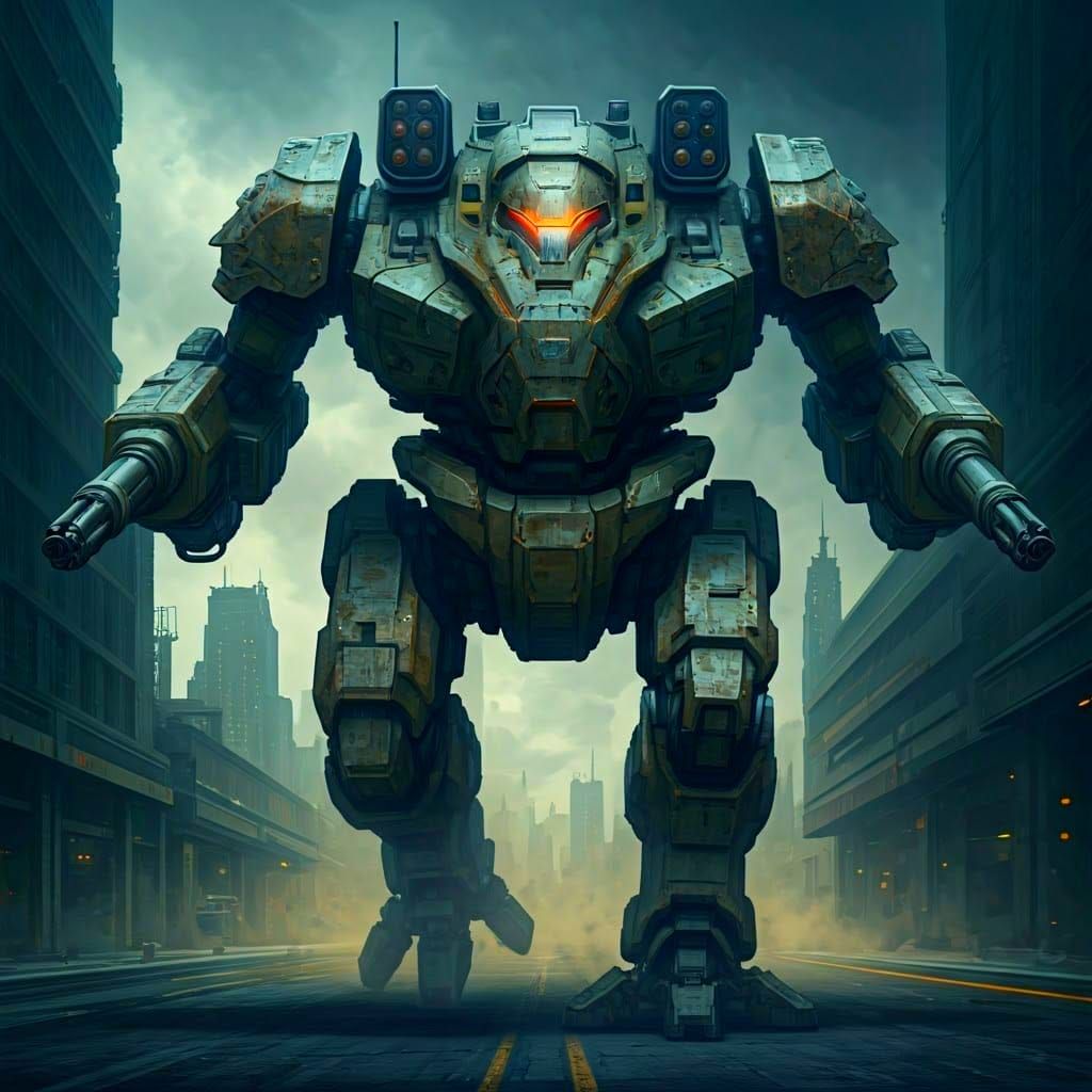 Hulking BattleMech Sprints Through Dark City
