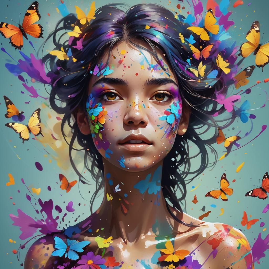 Vibrant Art Nouveau Female Artist in Motion with Paint Splat...