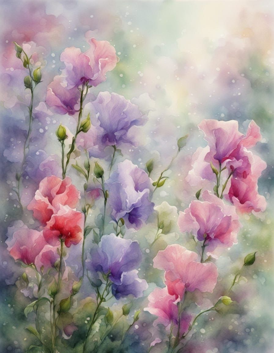 Ethereal Macro Closeup of Sweet Peas in Watercolour and Ink
