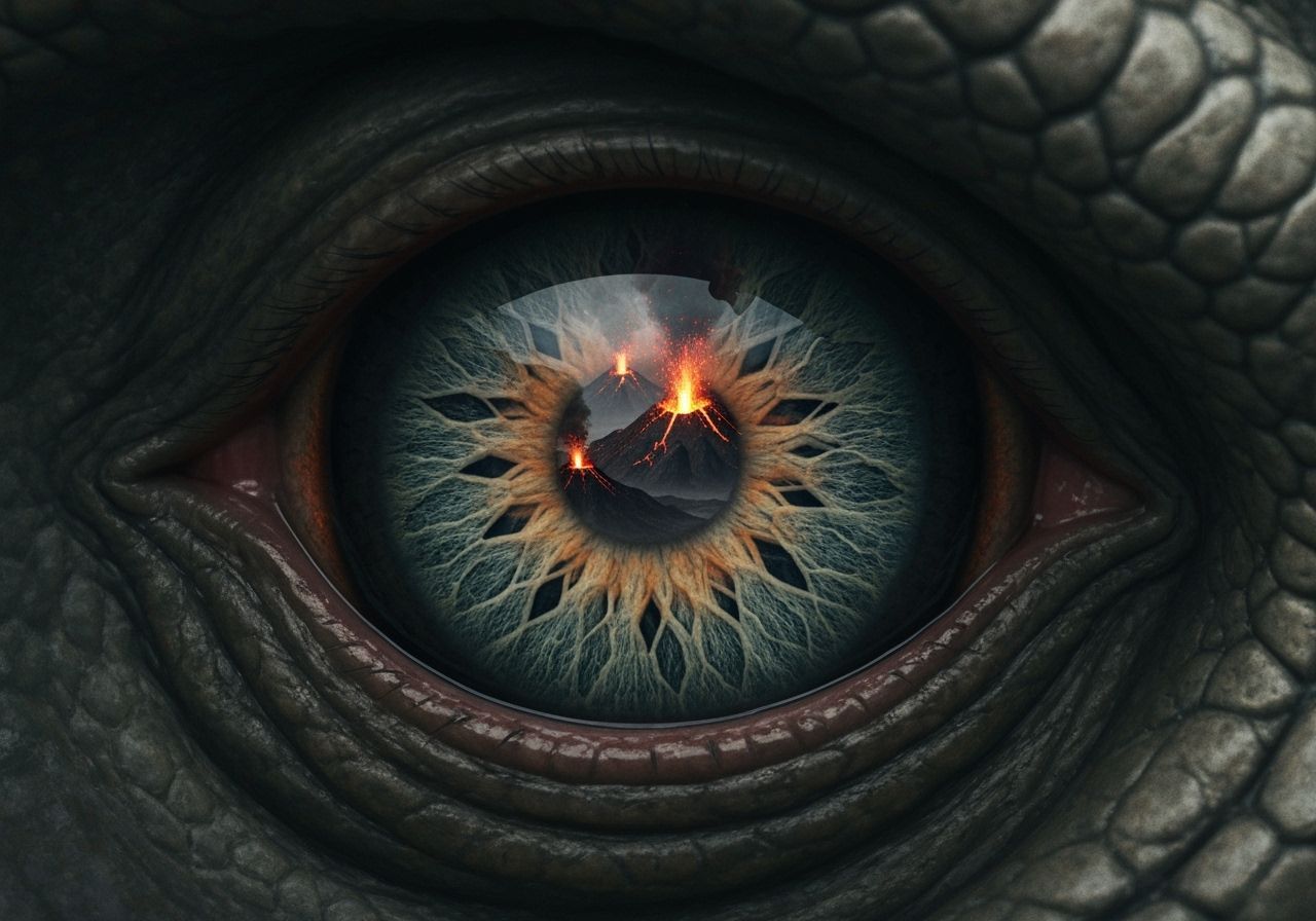 Dinosaur Eye Reflecting Volcanic Prehistoric Landscape