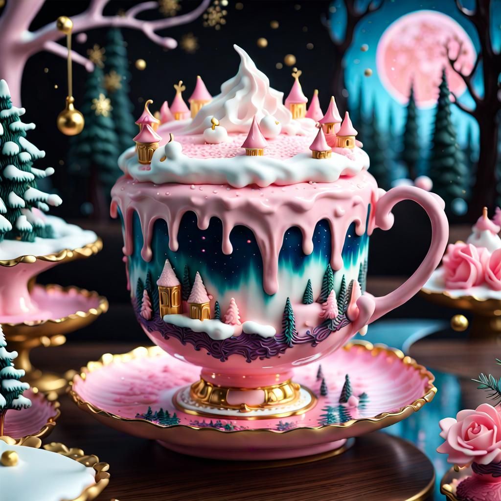 Magical Pink City Cake in Elegant Porcelain Cup