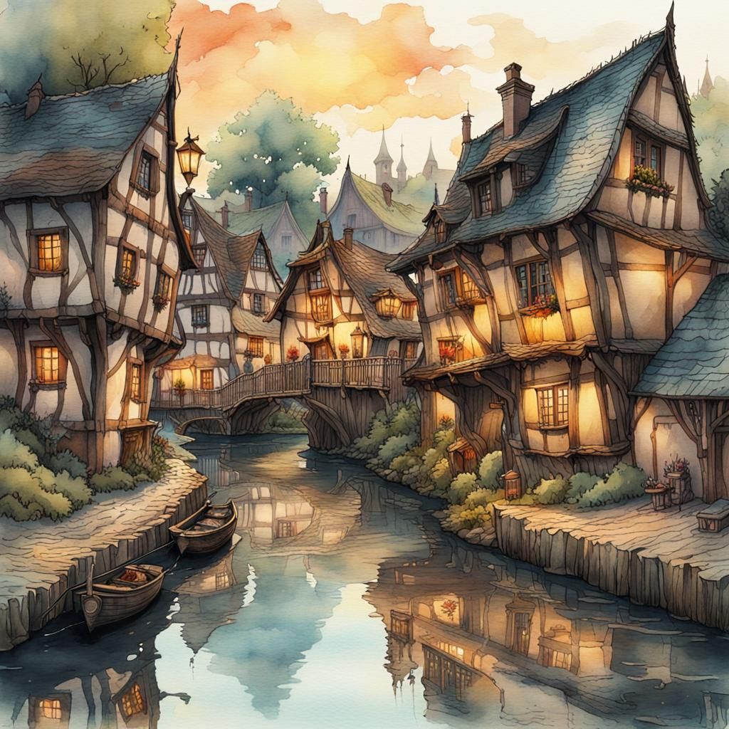 Riverside Village in Watercolor and Ink