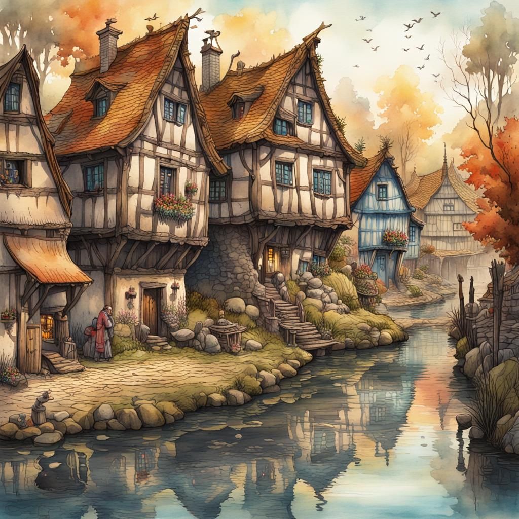 Psychedelic Village by River in Watercolor and Ink