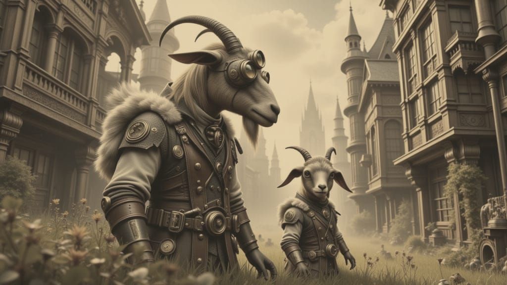 Steampunk Family Scene with Goat Engineer and Seamstress