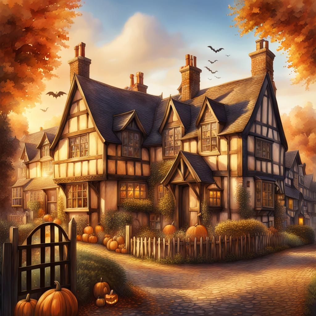 Hogsmeade Halloween: Idyllic English Countryside Watercolor