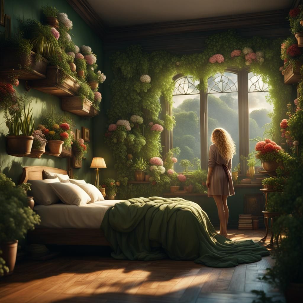 Girl in Green Bedroom with Plants: Fantasy Concept Art