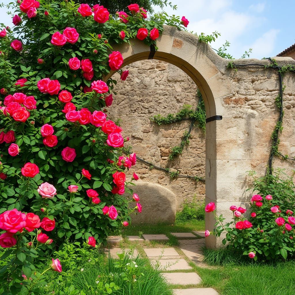 Exploding Colors: Climbing Rose Bushes on Ruined Wall