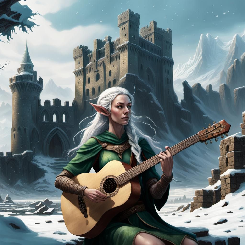 Elf Woman Plays Guitar in Snowy Castle, Hyperrealistic Art