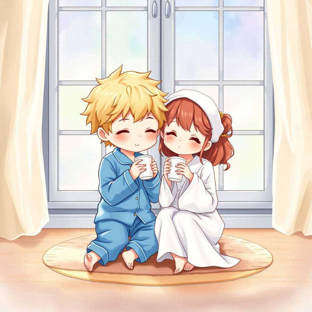 Chibi Boy Hugs Sister: Delicate Watercolor Anime Art