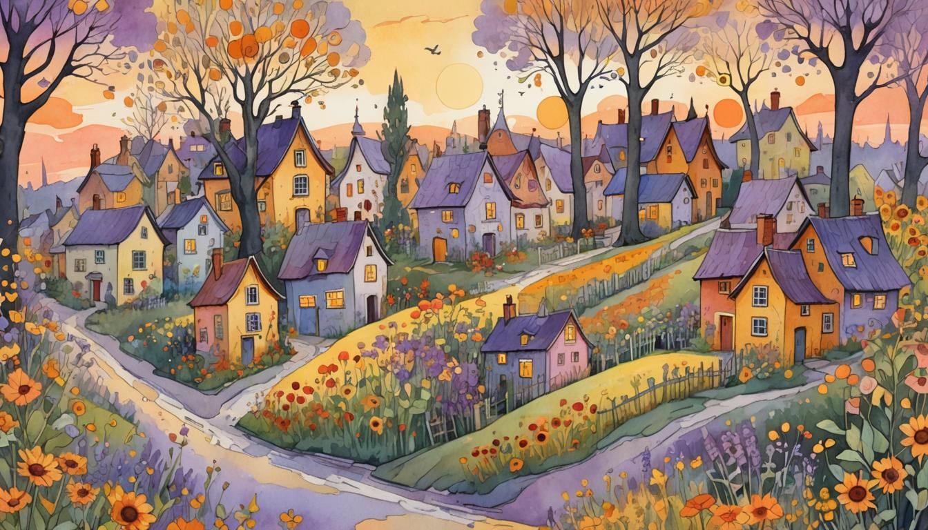 Whimsical Village Landscape in Watercolour Style