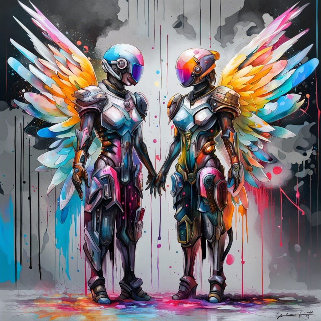Angelic Cyborgs in Graffiti Street Art Style