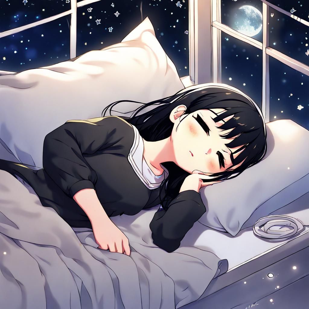 Chibi Girl Sleeping Under Starry Night, Anime Style