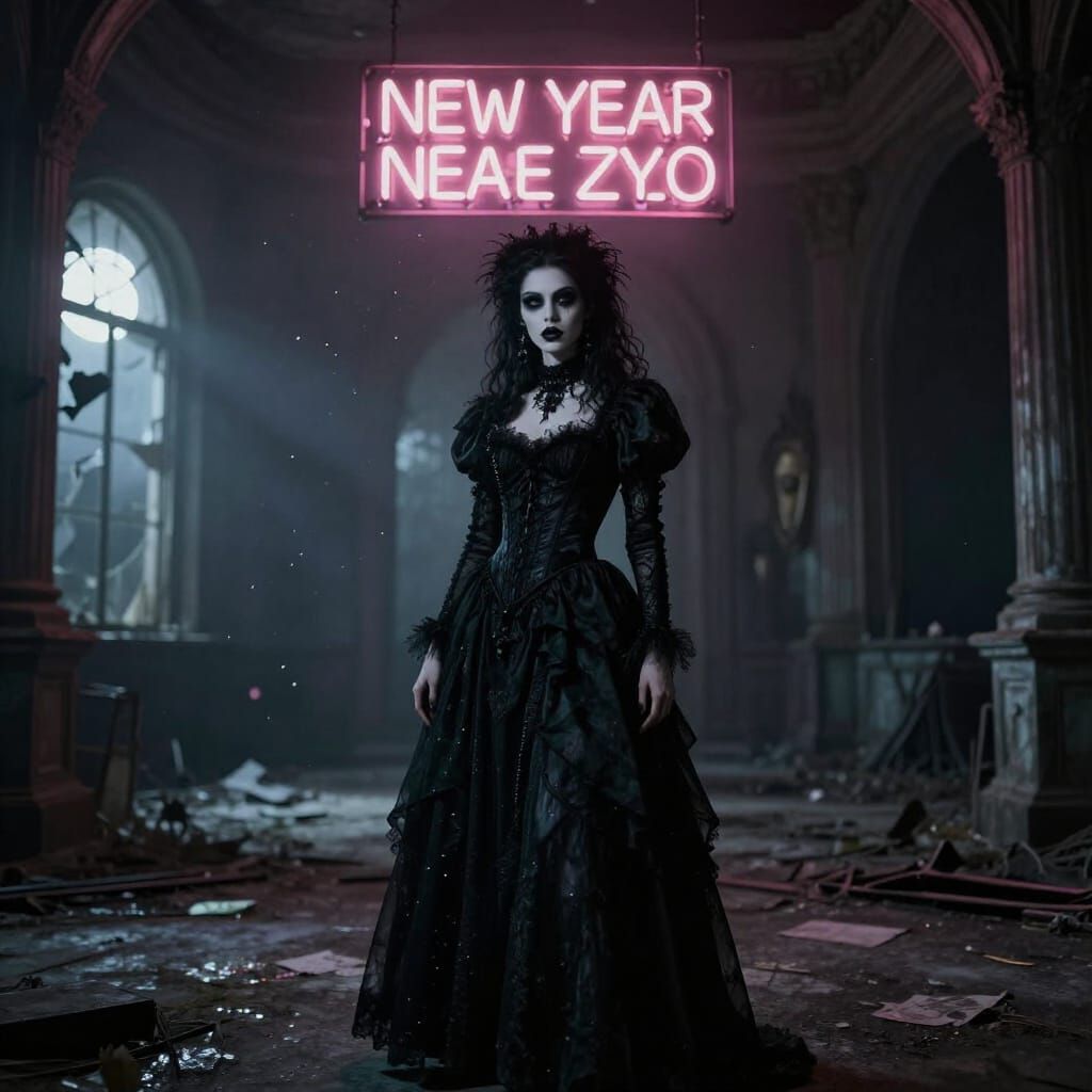 Gothic Model in Abandoned Party Hall, Dark Fantasy Style