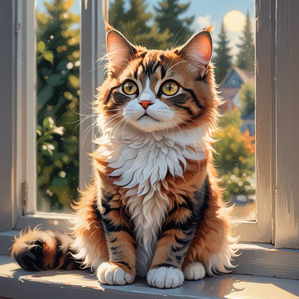 Adorable Fluffy Cat on Windowsill Digital Painting