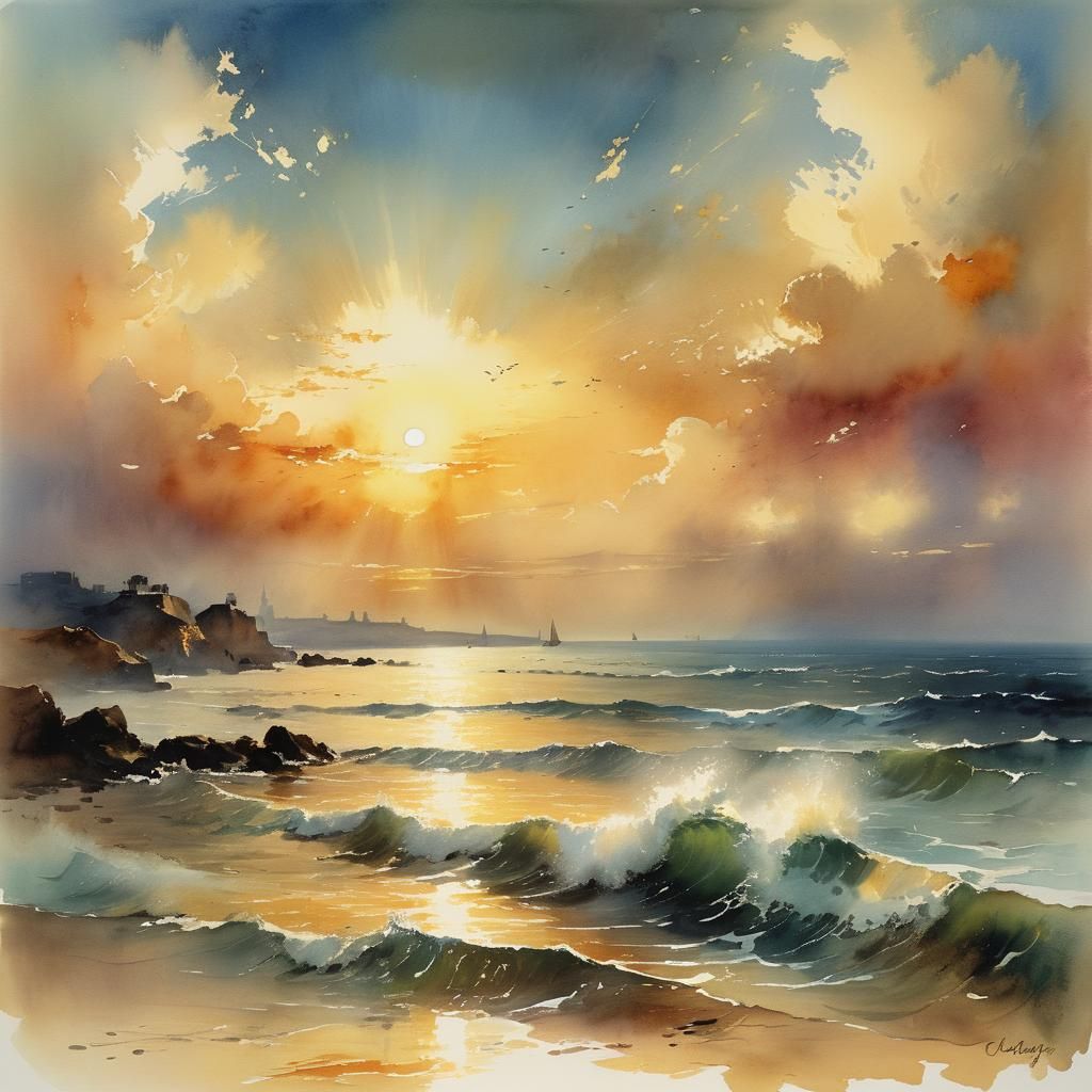 Haiku: Golden rays descend,
Whispers of dusk kiss the waves,...