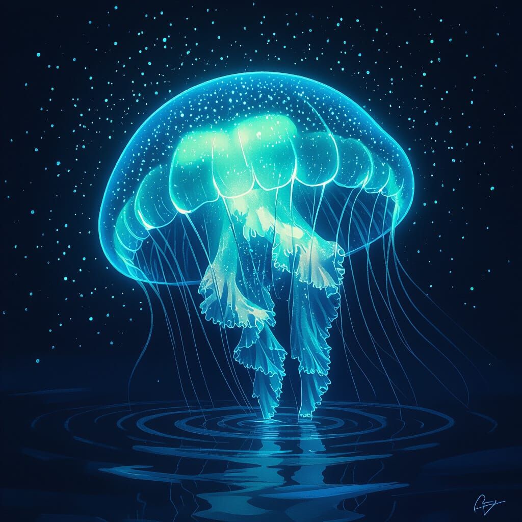 Glowing Bioluminescent Jellyfish in the Deep Sea