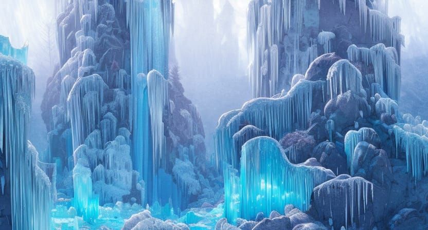 Frozen Crystal Waterfalls: Hyperdetailed Digital Painting