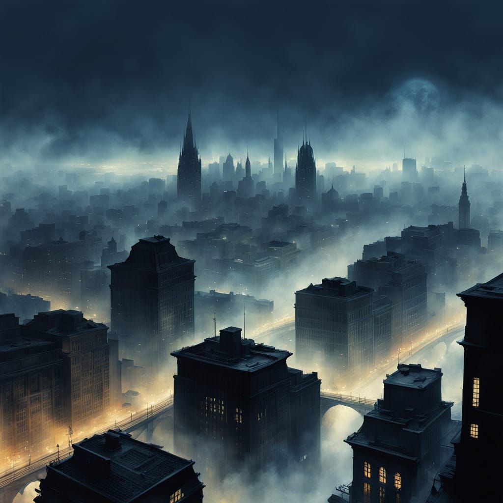 Gotham City's Foggy Watercolor Skyline