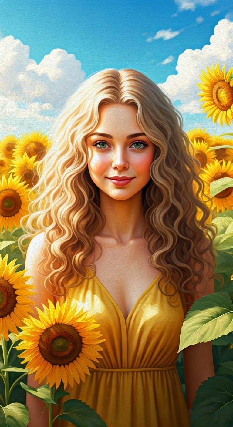 Woman in Sunflower Field: Hyperrealistic Impressionistic Pai...