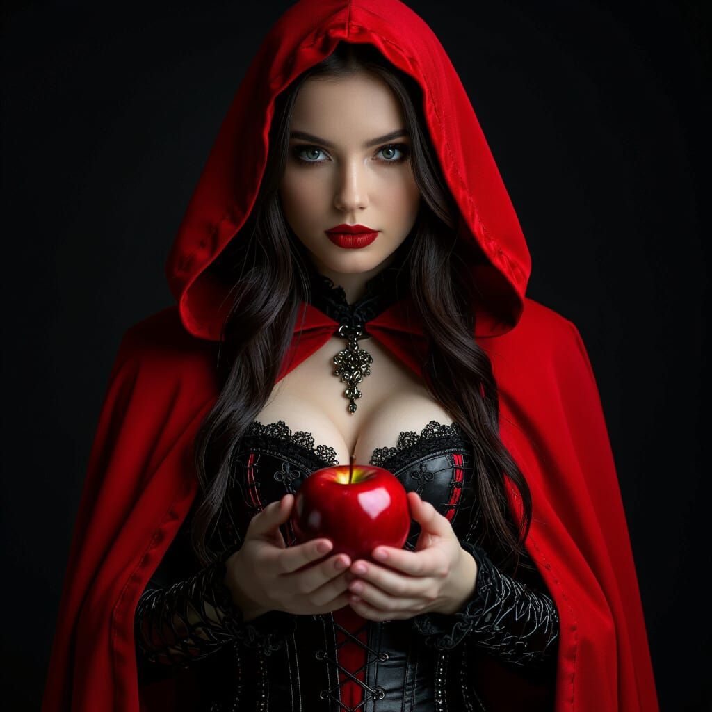 Gothic Portrait: Red Cloak, Black Corset, and Apple