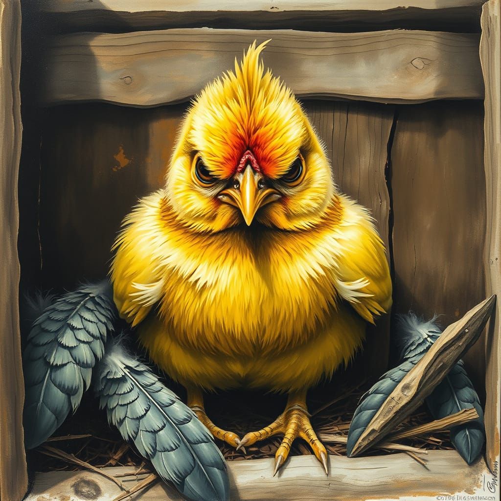 Grumpy Yellow Chick: Hyperdetailed Charcoal and Gouache Art