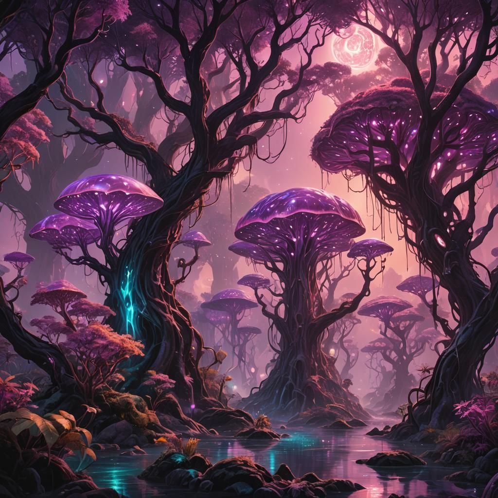 Psychedelic Alien Jungle with Bioluminescent Life