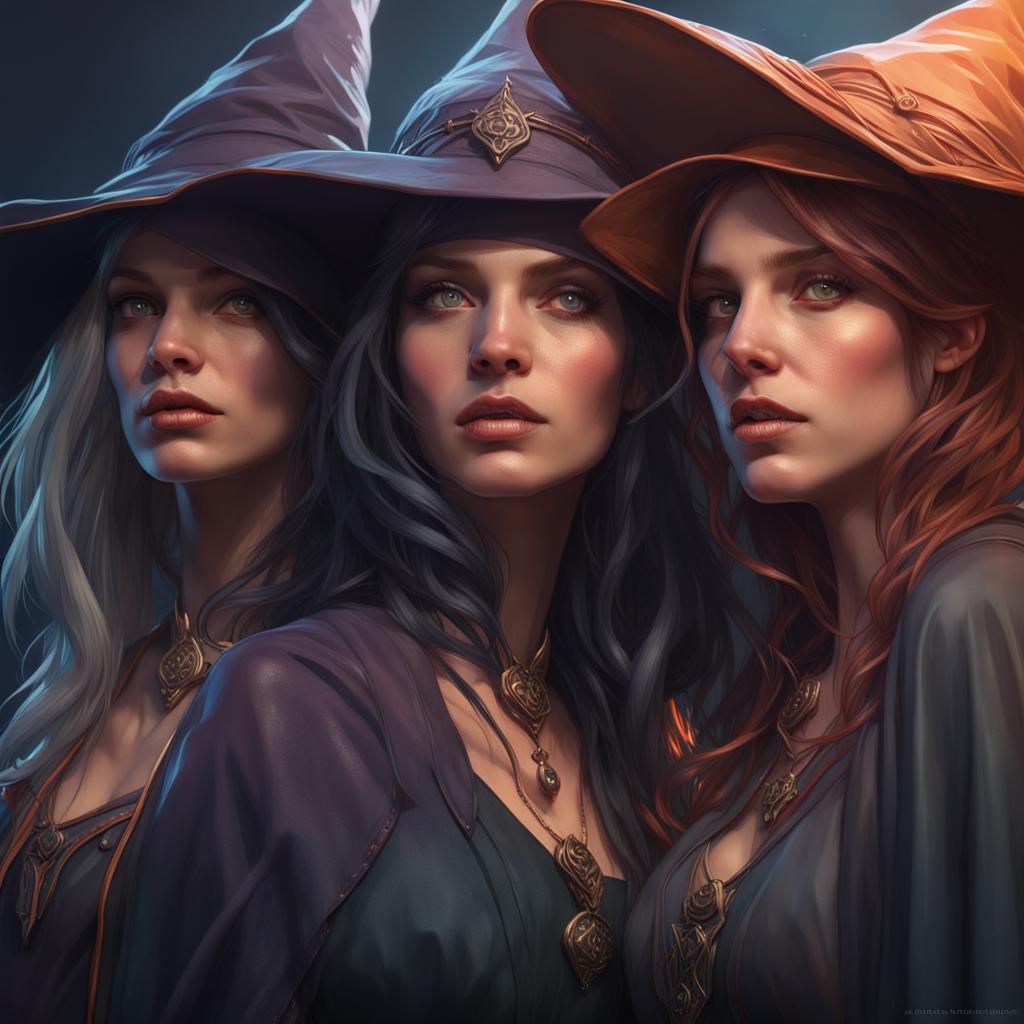 Detailed Portrait of Three Witches in Digital Art