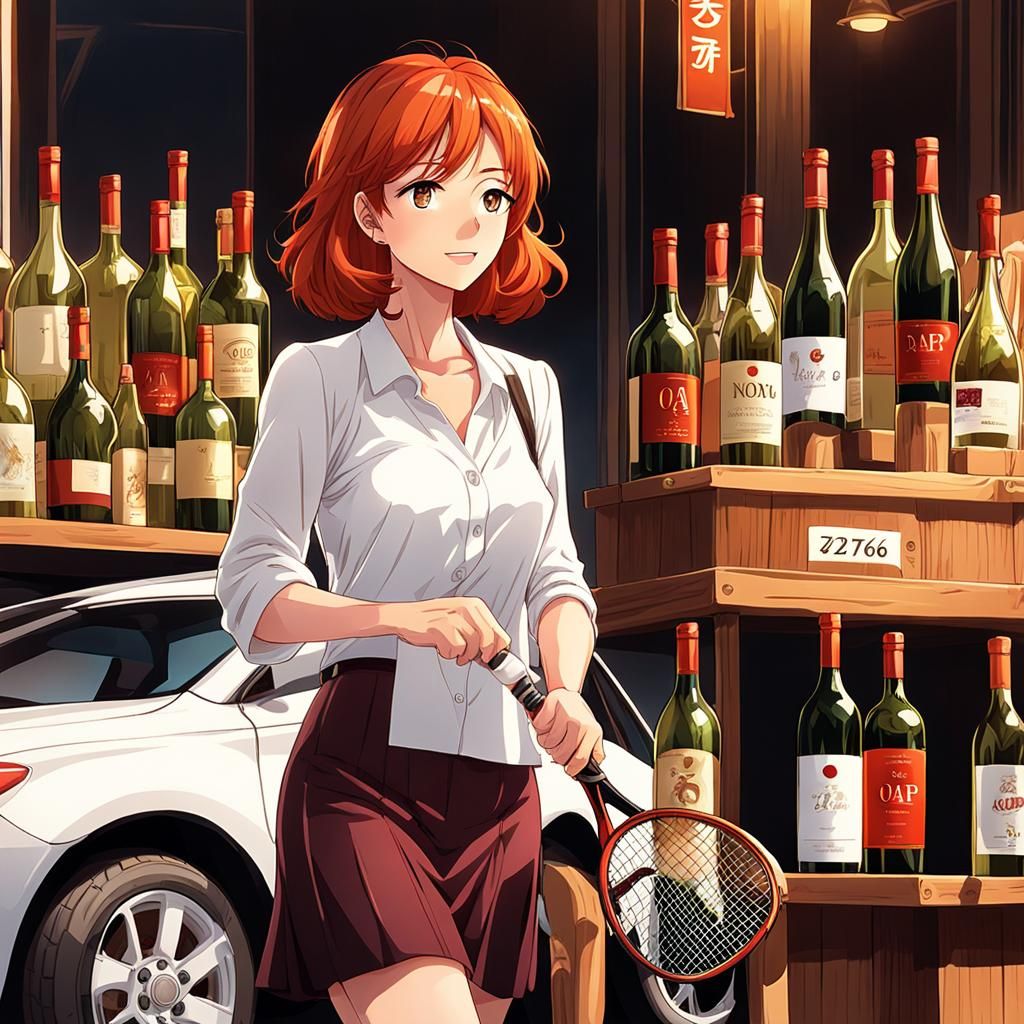 Anime-Style Image of Woman with Wine and Tennis