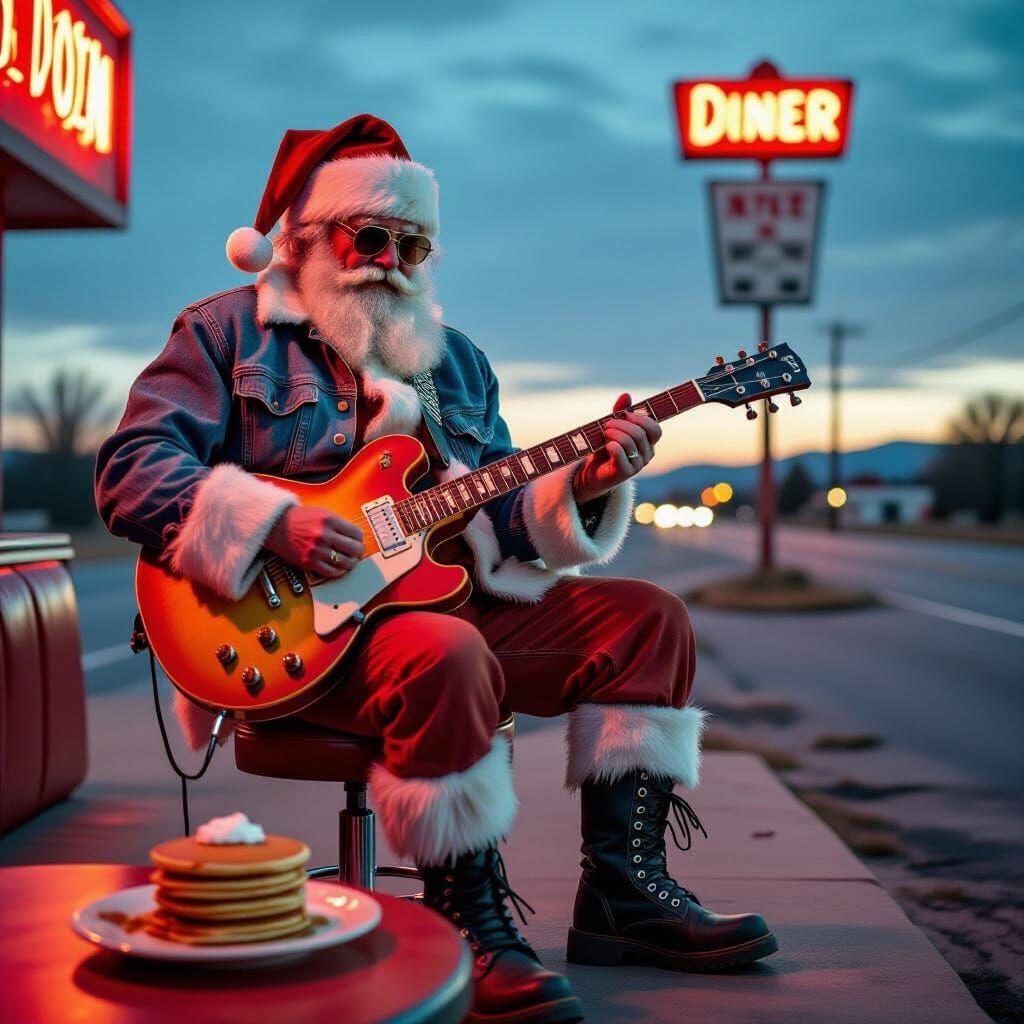 Punk Rock Santa Plays Guitar at Roadside Diner