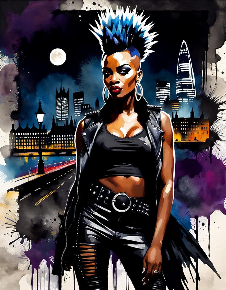 Gothic Woman with Mohawk in Grungy London, Mixed-Media