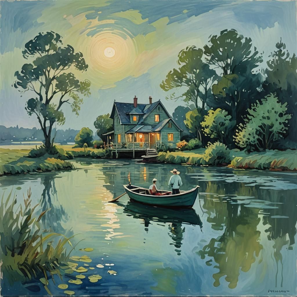 Impressionist Gouache Painting of Boat on Water