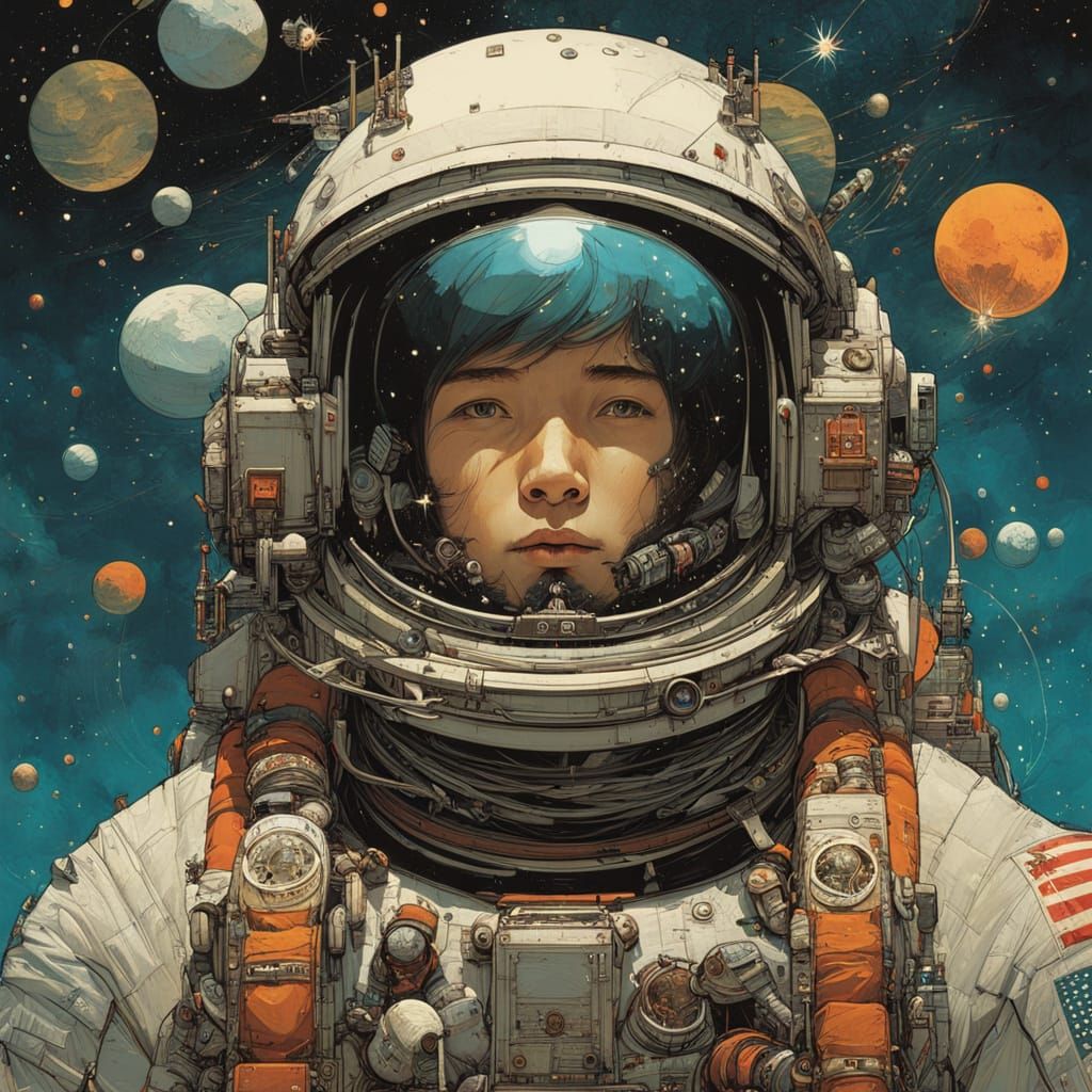 close up of an astronaut floating in space By Mattias Adolfsson and Russ Mills and Victo Ngai :: intricate hyperdetail...