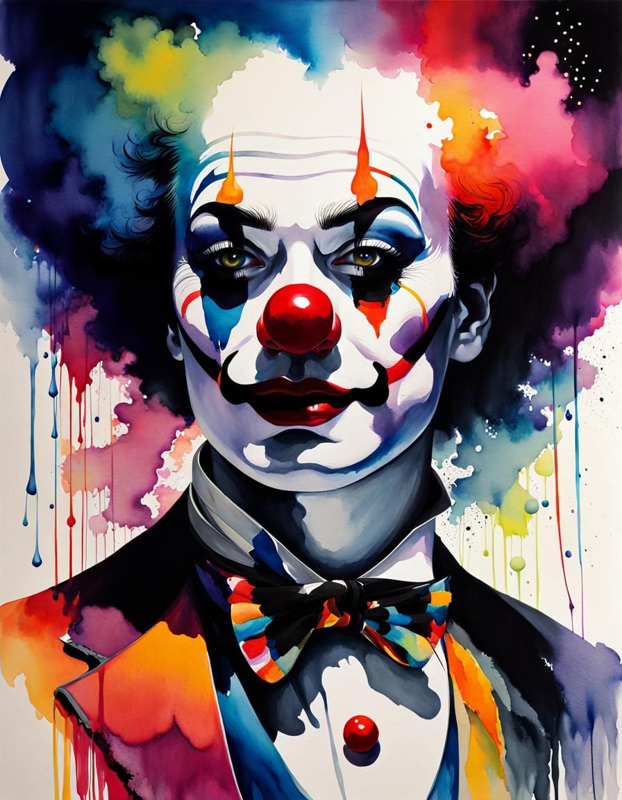 Dramatic Clown in Watercolor Style with Smoky Backdrop